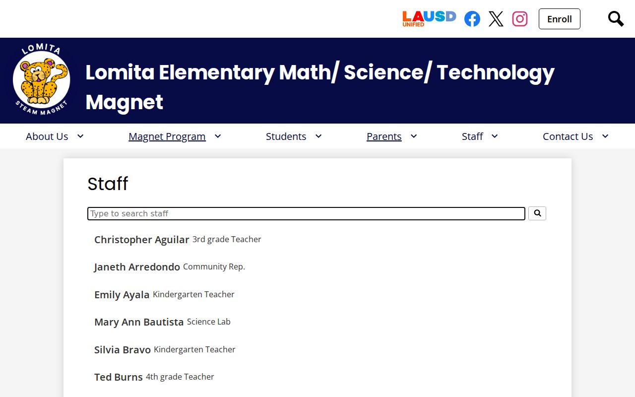 Lomita people directories listing elementary school staff names and roles