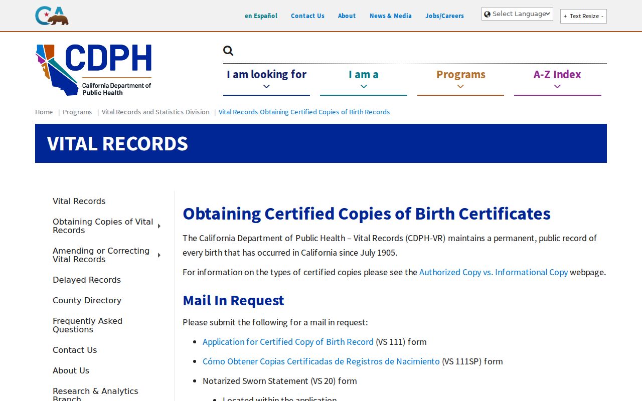 Lomita public records access to the CDPH birth certificate request instructions