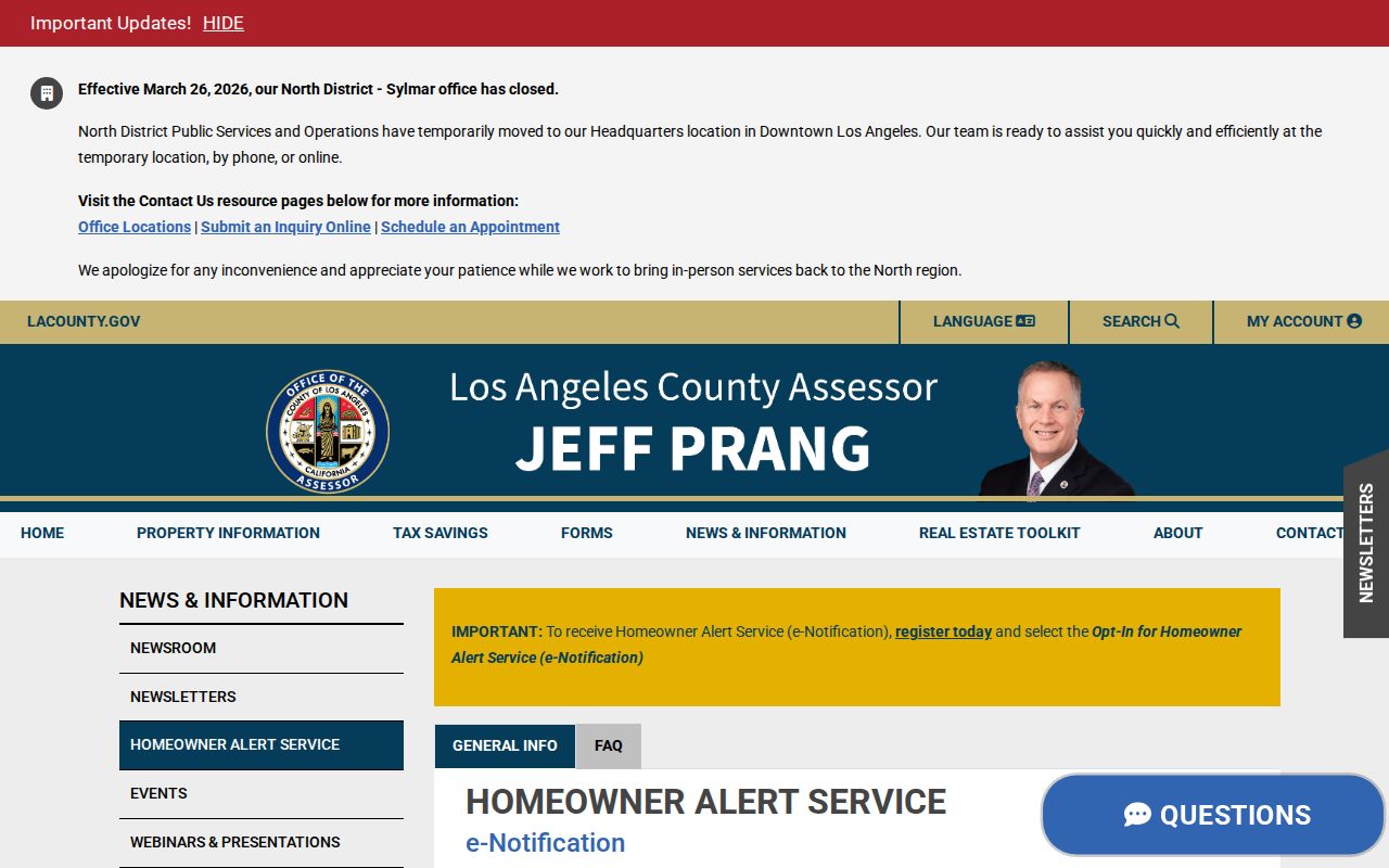 Lomita public records page for LA County Assessor Homeowner Alert